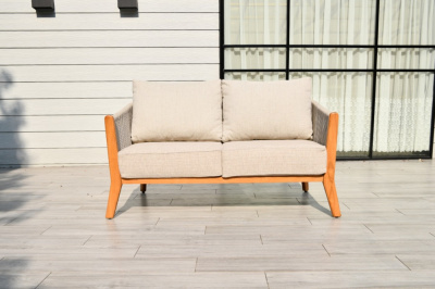 "Сидней" диван 2-местный плетеный из роупа, основание тик, каркас алюминий бежевый, роуп бежевый, ткань бежевая