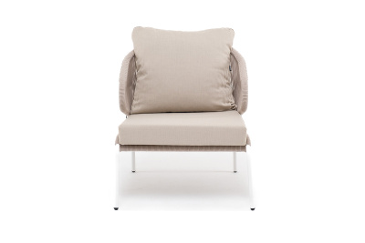 "Милан" кресло плетеное из роупа, каркас алюминий белый муар, роуп бежевый круглый, ткань бежевая 052